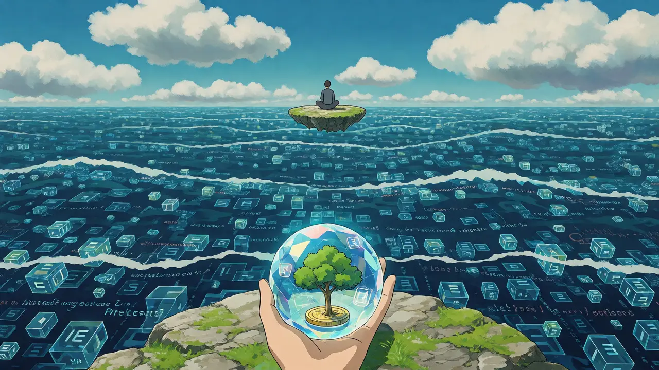Figure meditating over a digital ocean holding a crystal of project truth