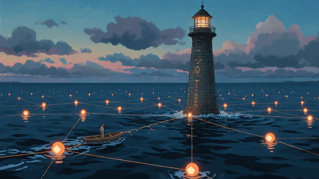 Figure on a boat approaching a lighthouse across a thin bridge over a vast ocean