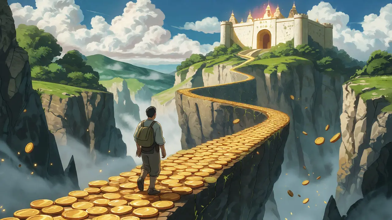 Figure walking coin path toward secure fortress