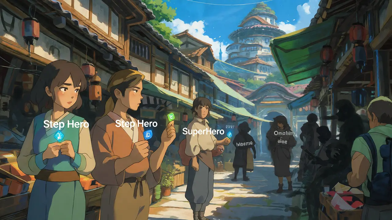 Ghibli-style market scene comparing different hero-themed crypto projects
