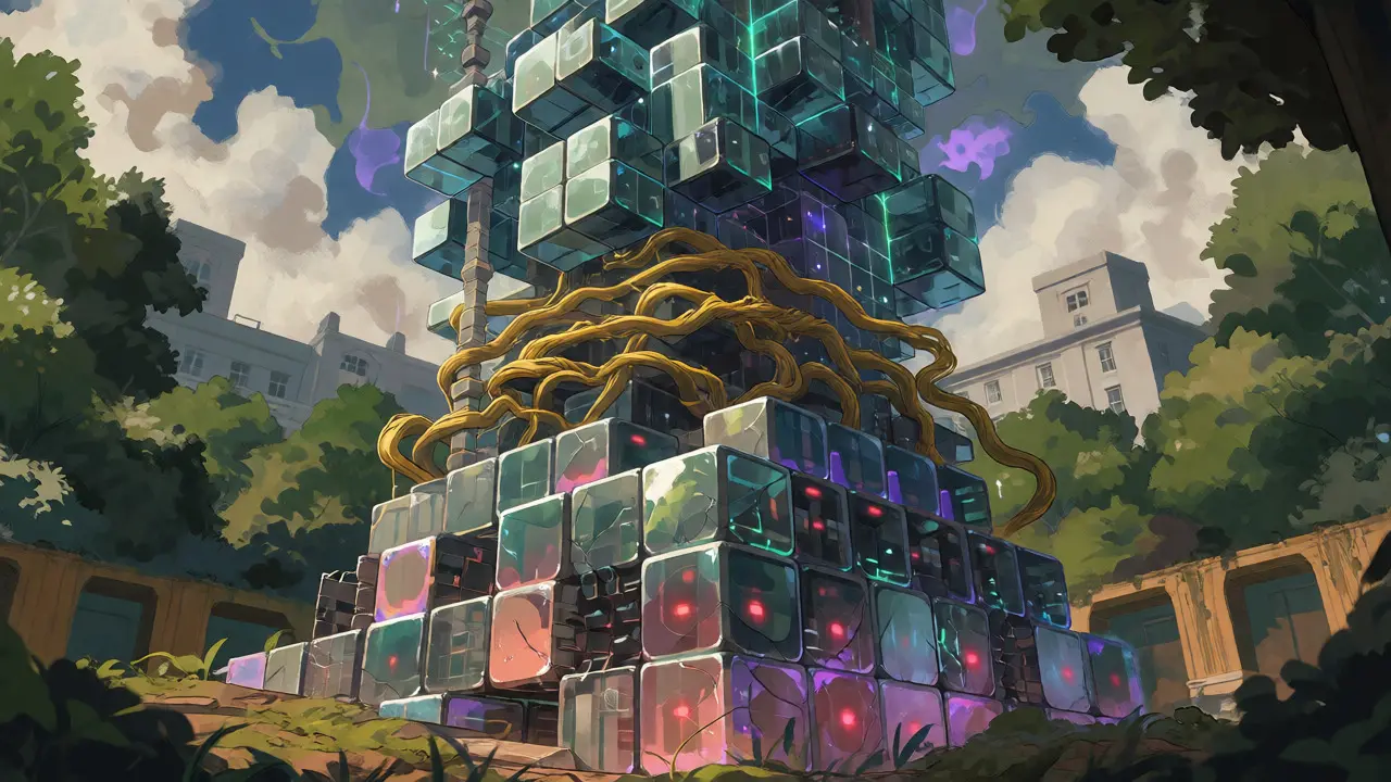 Glass tower stabilized by golden AI vines in an overgrown garden