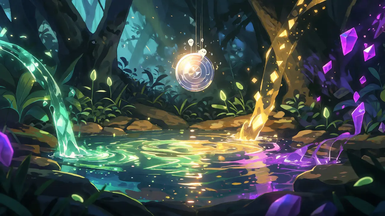 Magical streams merging into a pool with a rare platinum orb symbolizing BTCP scarcity.