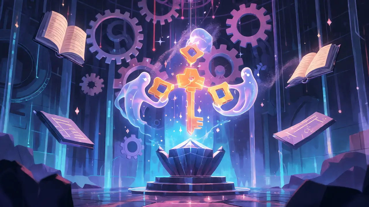 Magical vault with MPC key shards and light ledgers in anime art