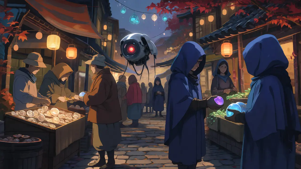 Marketplace scene contrasting transparent coins with hidden orbs and drones