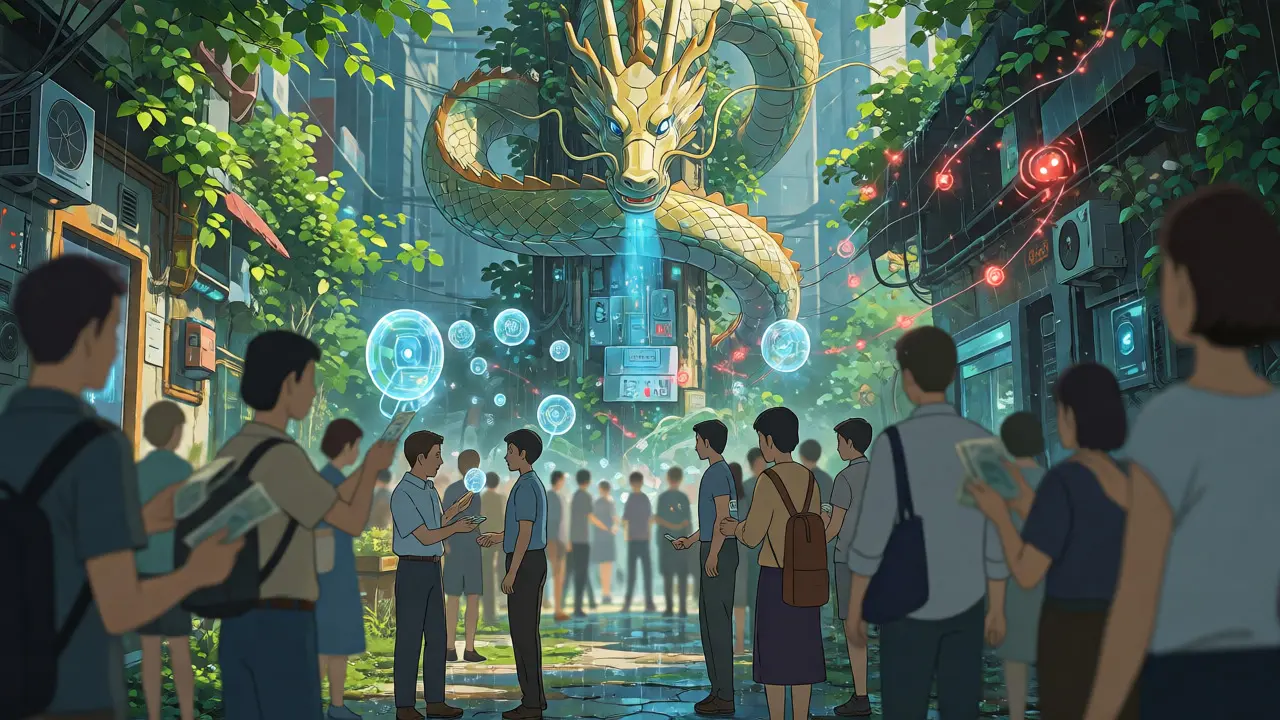 Mechanical dragon guiding digital currency exchanges in a futuristic city.