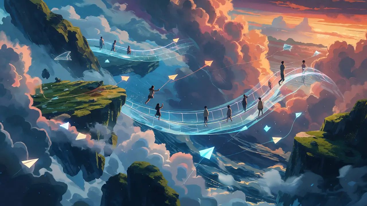 Paper airplane intents flying across floating island blockchains