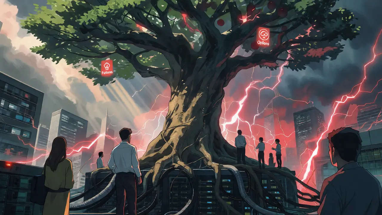 People shelter under a giant tree rooted in servers while lightning strikes the city around them.