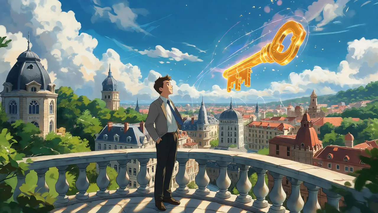 Professional overlooking a unified European city with a glowing golden key.