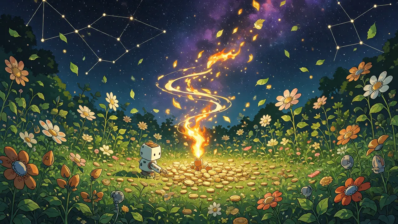 Robot burning golden leaves in a magical garden to reduce supply