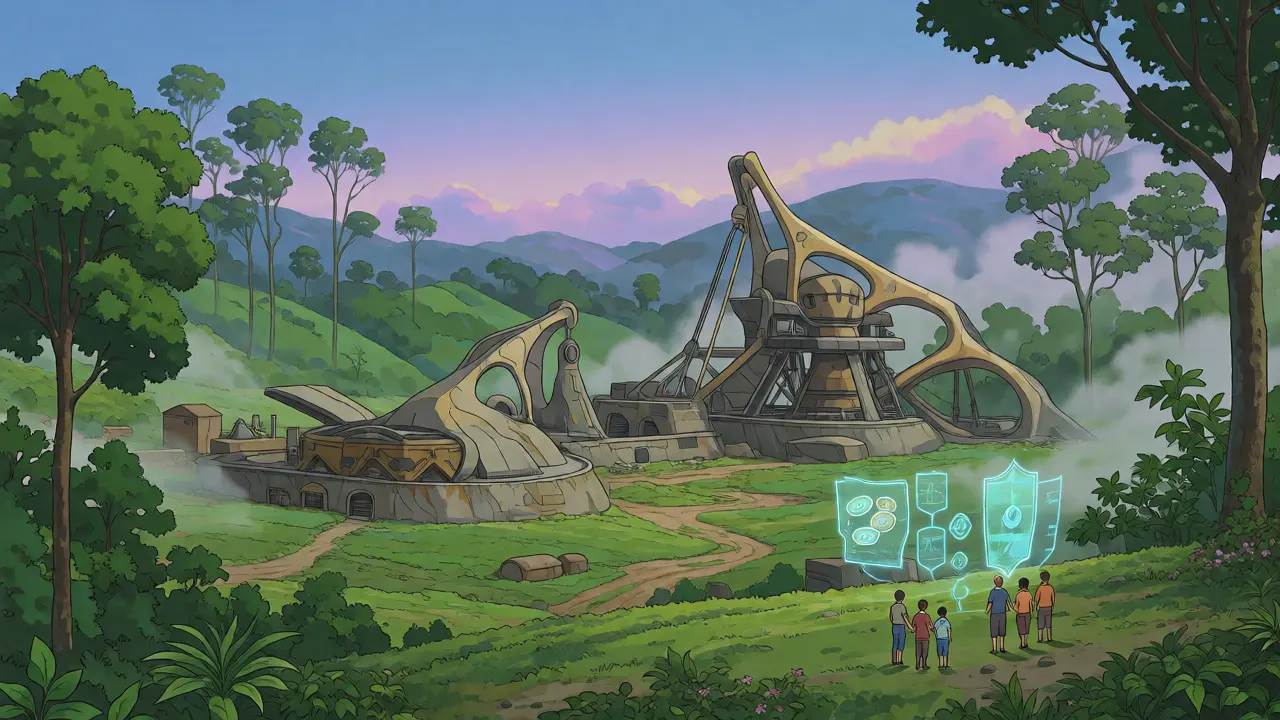 Serene mining facility in a Colombian valley with workers viewing holographic stablecoin projections amidst nature.