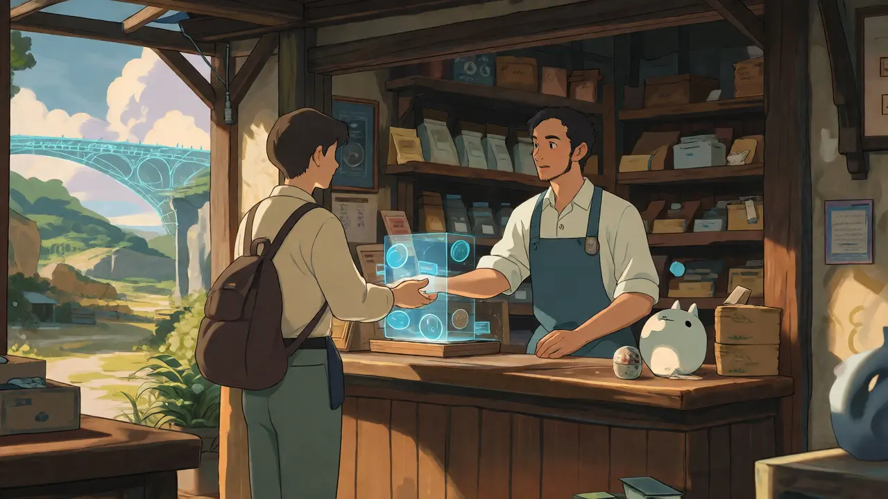 Shopkeeper completing payment with digital coin overlay in Ghibli style