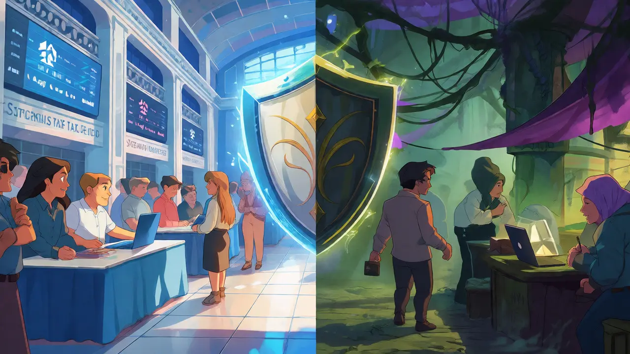 Split scene contrasting safe licensed trading with risky unlicensed markets.