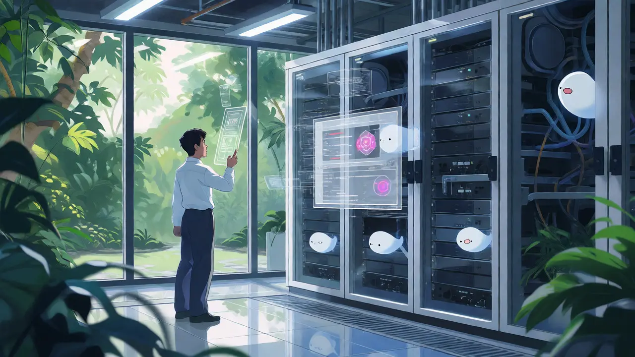 Technician monitoring holographic data streams in a nature-integrated server room.