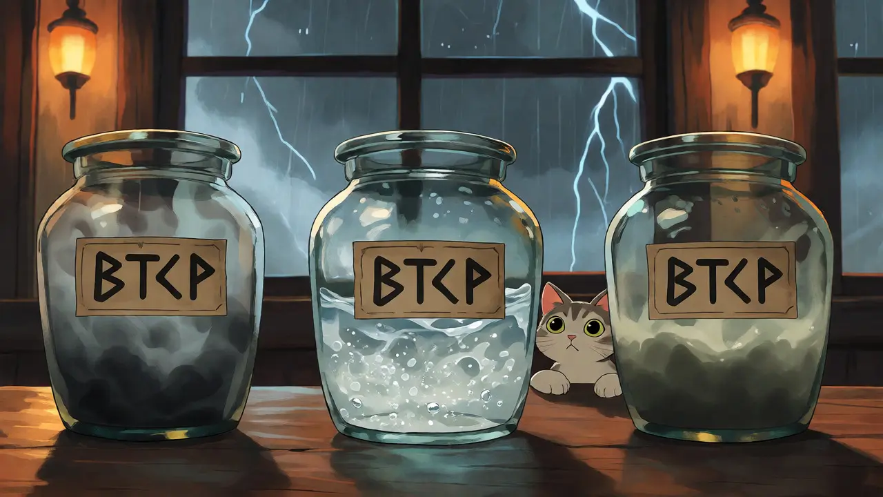 Three jars labeled BTCP with different contents observed by a curious spirit amidst a storm.