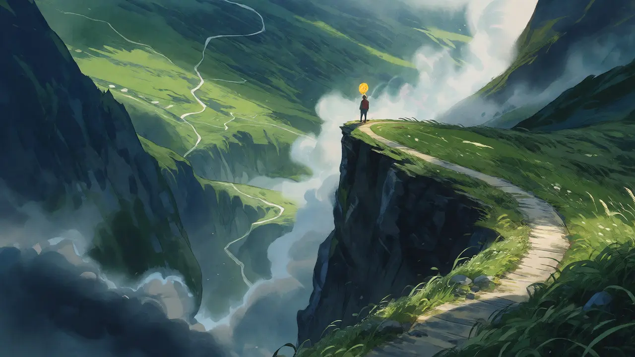 Tiny figure on a cliff edge overlooking a misty valley, symbolizing Boge's price crash