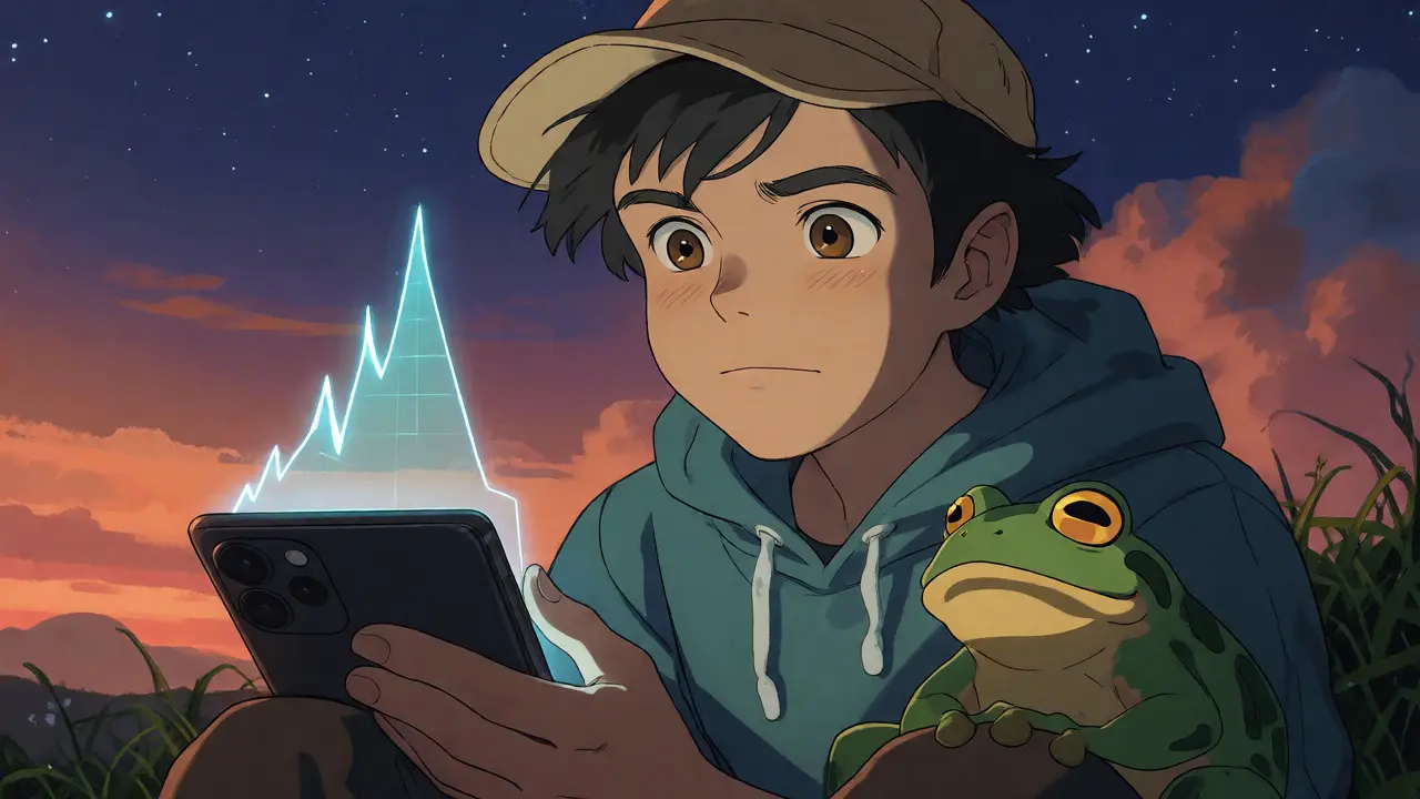 Trader watching a holographic chart with a frog companion at dusk