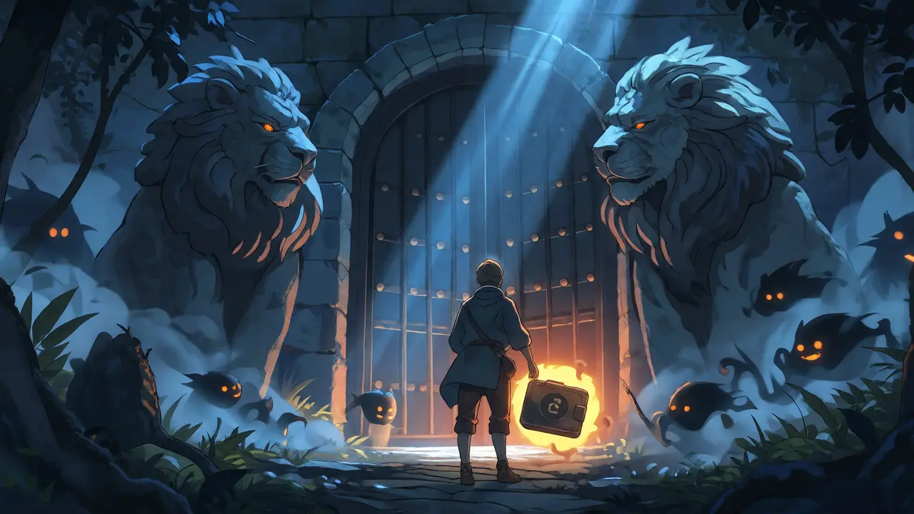 Traveler approaching a guarded gate with phishing spirits in the shadows
