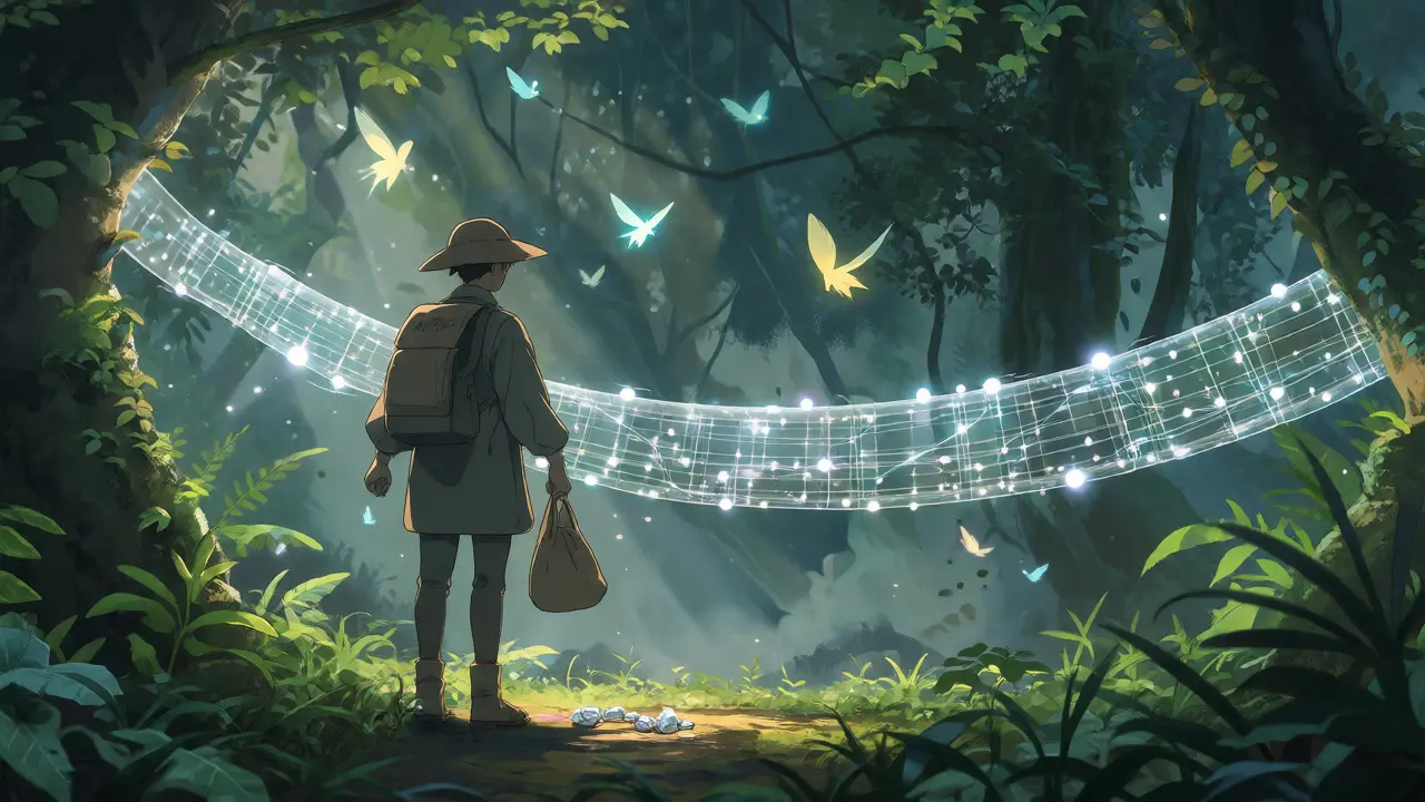 Traveler in a mystical forest gathering small glowing reward stones