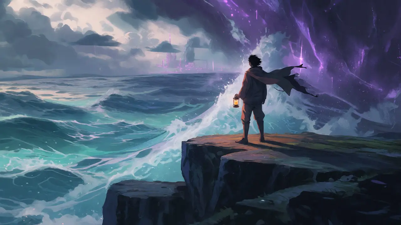 Traveler on a cliff watching a turbulent sea change colors under a cloudy sky.