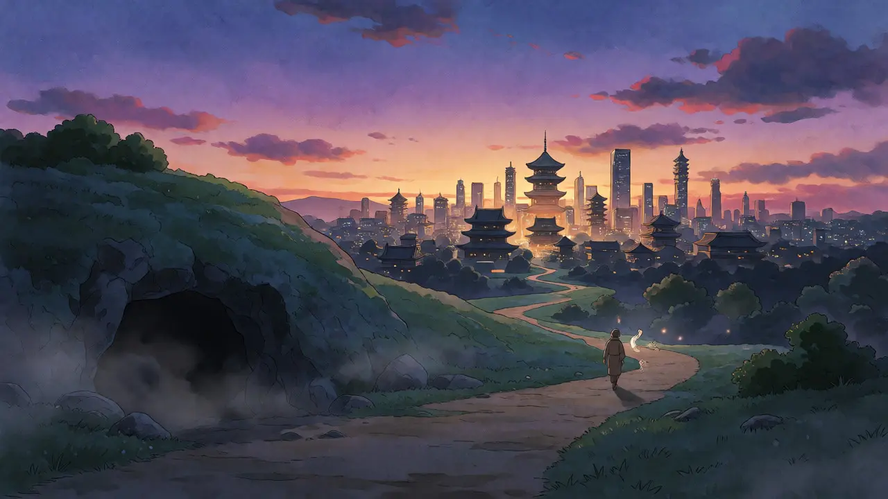 Traveler walking from a dark cave toward a glowing city at dusk