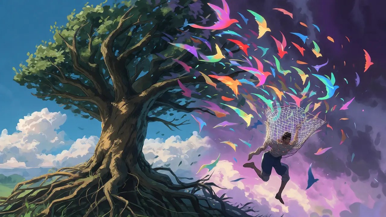 Visual metaphor comparing stable trees to volatile flying token birds