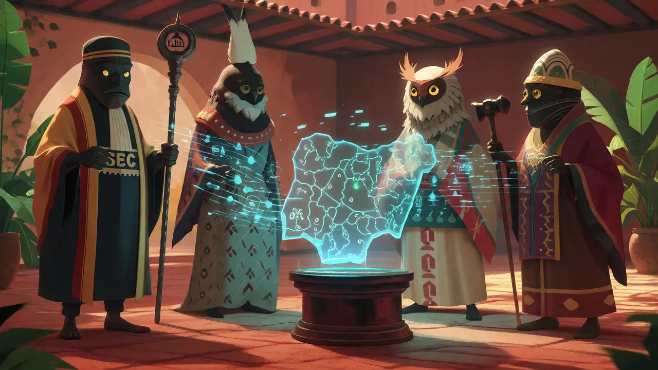 Whimsical guardians representing SEC, CBN, NFIU, and EFCC overseeing digital assets