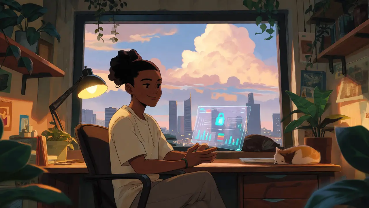 Young investor relaxing in a safe, regulated home environment overlooking Lagos